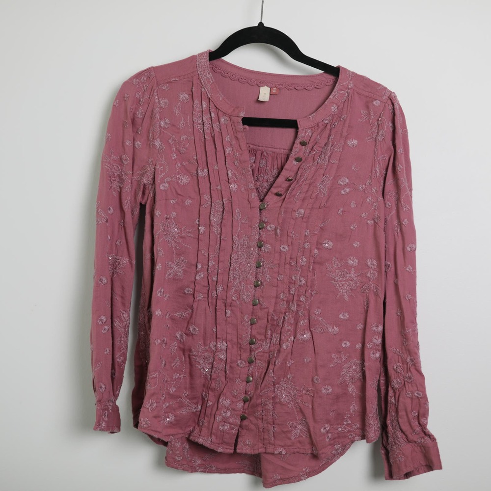 Anthropologie Pilcro & the Letterpress Long Sleeve Embroidered Pink Rose Floral